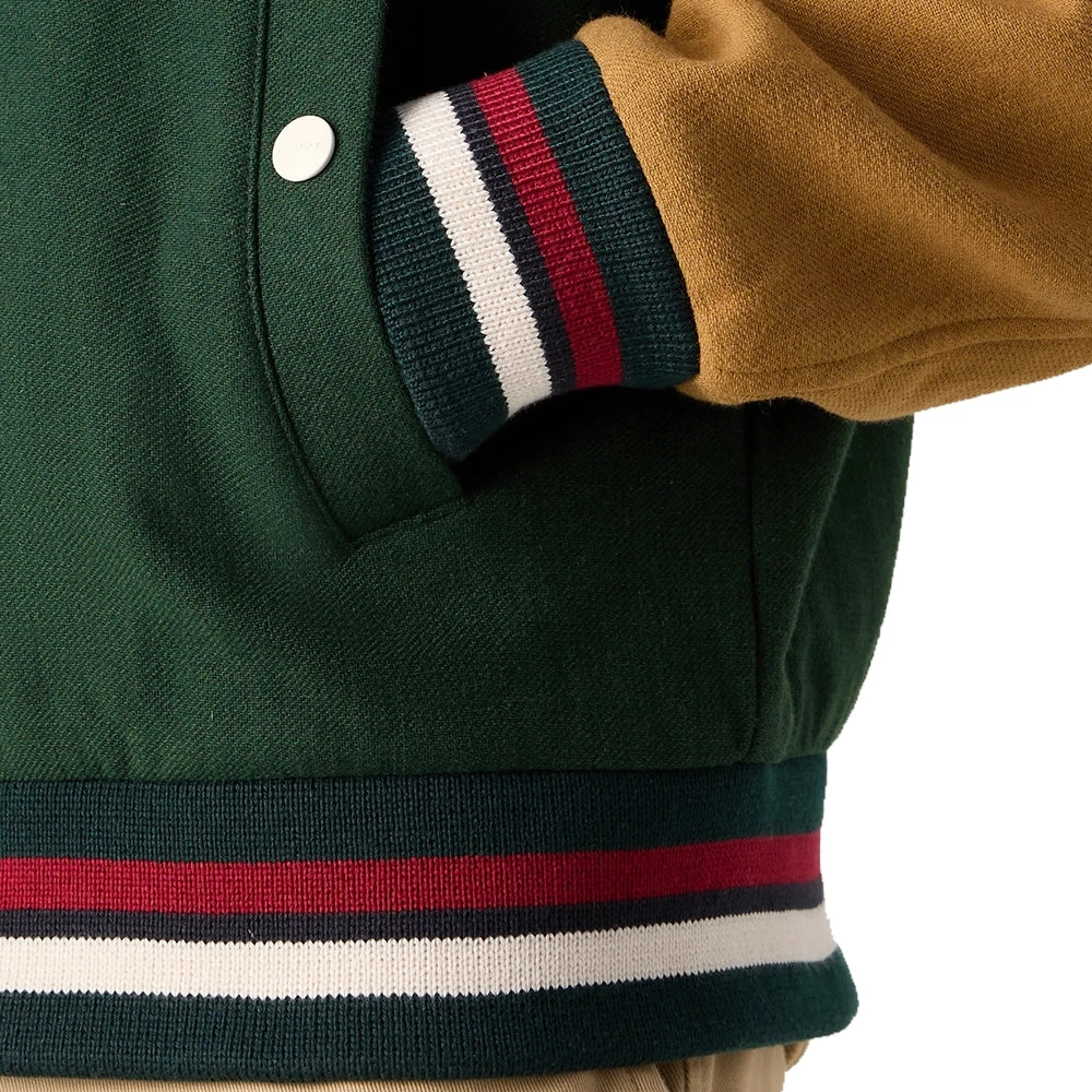 Aaron Wool Mens Varsity Jacket – Dark Green & Cognac – Classic Cool!